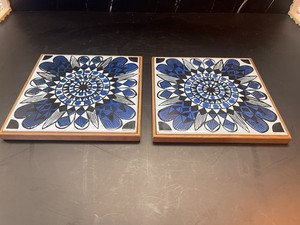 2 Mari Simmulson Upsala Ekeby Framed Tiles Trivets Wall Plaques Orient 1970s MCM