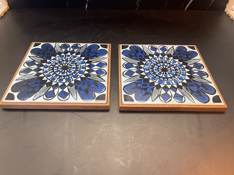 2 Mari Simmulson Upsala Ekeby Framed Tiles Trivets Wall Plaques Orient 1970s MCM