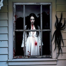Halloween Ghost Window Backdrop 2D Flat Scary Female Ghost Polyester Decor