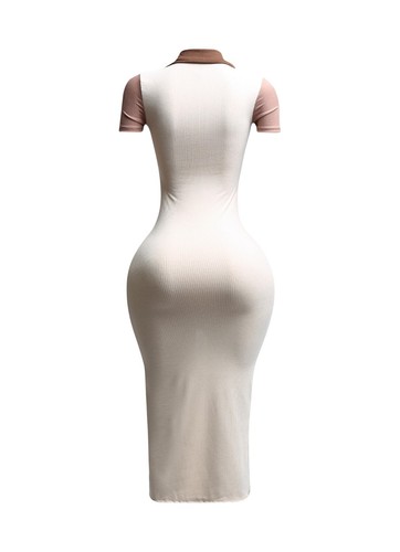 Women’s Ribbed Polo Collar Bodycon Dress Short Sleeve Slit Midi - Picture 3 of 5