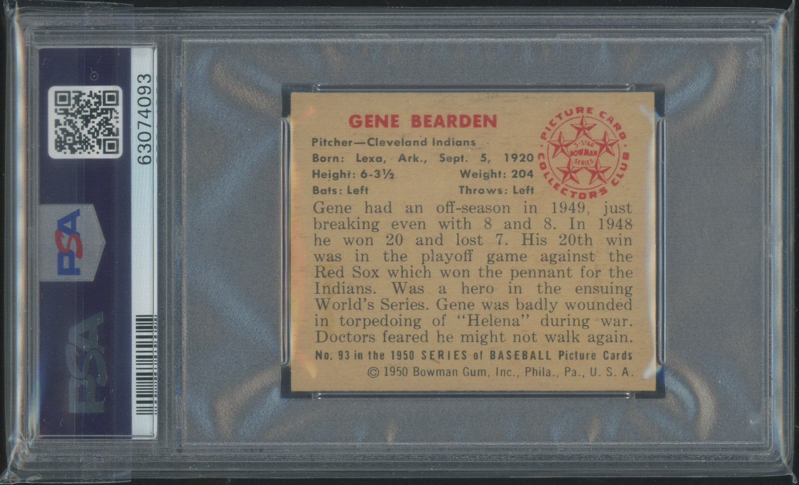 1950 Bowman 93 Gene Bearden Cleveland Indians PSA 6 Vintage Baseball Card view 2