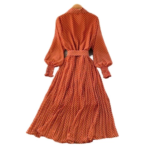 Women Chiffon Pleated Dress Long Puff Sleeve Polka Dot Midi Button with Belt - Picture 10 of 23