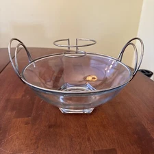 Vintage Jeannette Glass Clear Chip Bowl With Gold Metal Bracket Carrier Handles