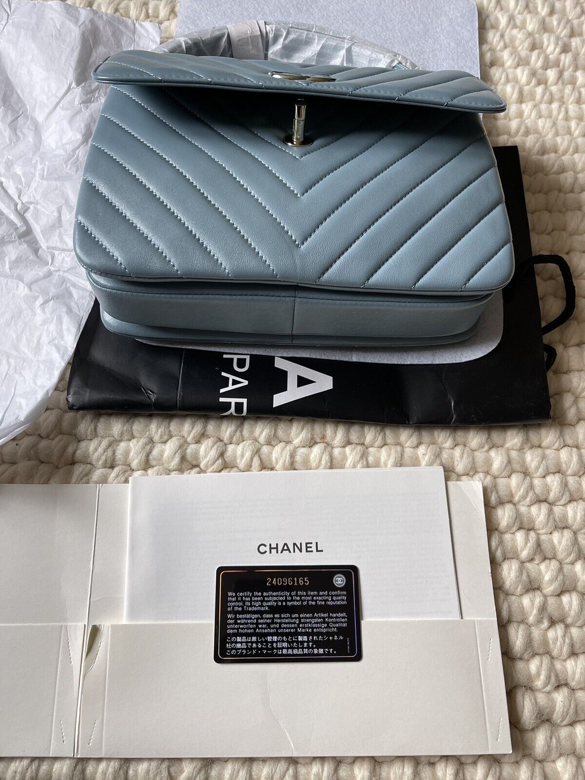 CHANEL Chevron Quilted Small Trendy CC Flap Dual Handle Lambskin Bag Blue