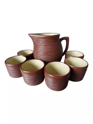 Pigeon Forge Pottery Dogwood 6 Coffee Tea Mugs Pitcher Brown Textured Vintage 
