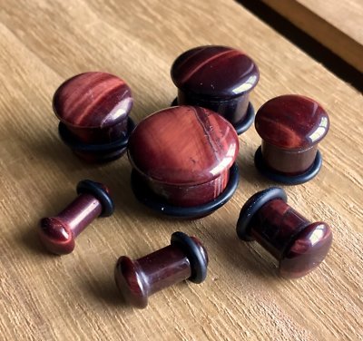 PAIR Single Flare Red Tiger Eye Stone Plugs Gauges Guages Earlets Body Jewelry