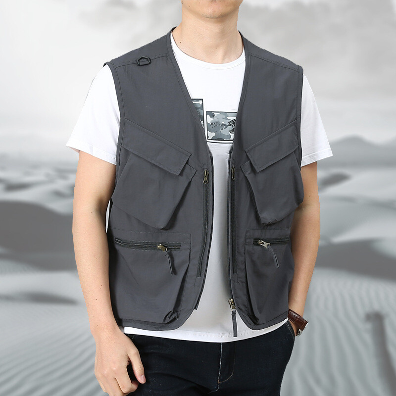 Utility Gilet Waistcoat Vest Sleeveless Jacket Multi-Pocket Zip