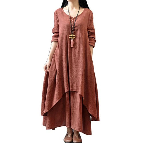 Womens Boho Cotton Linen Dress Long Sleeve Dress Sundress Maxi Dress Casual New - Picture 5 of 23