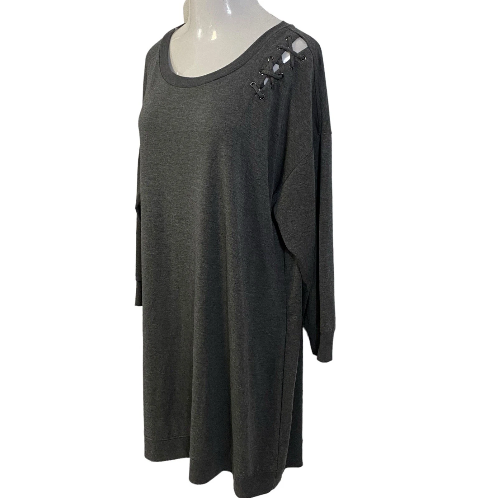 VETEMENTS Xersion Dress Womens Sz X 14W Athleisure Gray Grommet Lattice Shoulder Knit Cozy