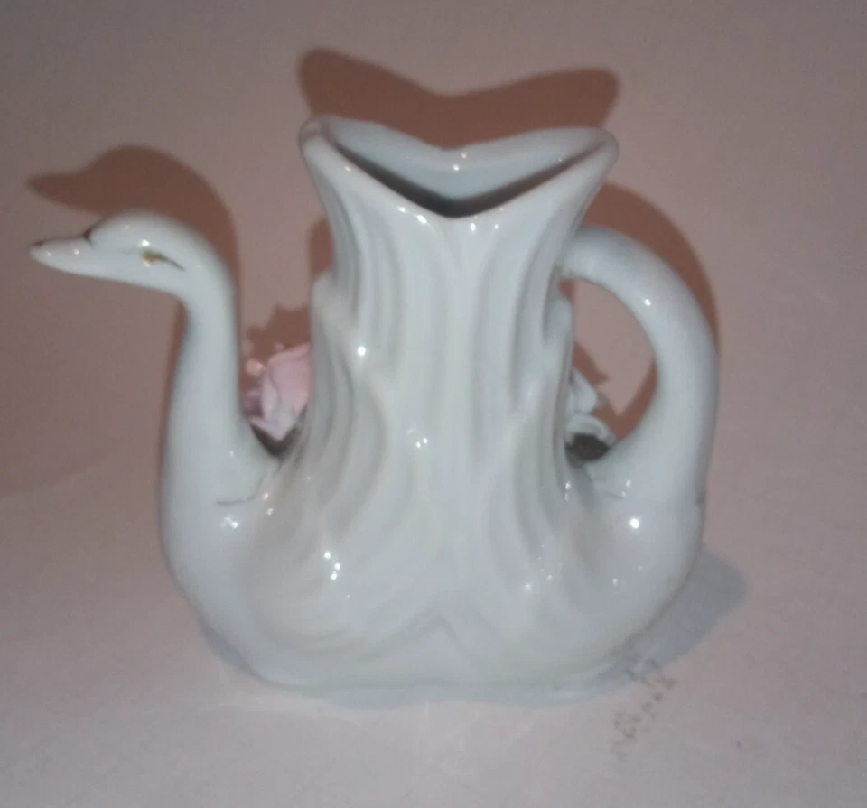 Vase: Porcelain Double-Headed Love Swan w/Rose ,Pink Flower - Image 4 of 4