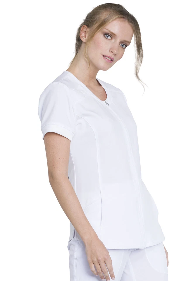 Cherokee Scrubs Zip Front V Neck Top CK810A WTPS White Free Shipping - Image 4 of 4