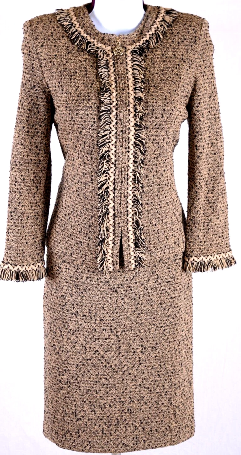 ST.JOHN Women's Tweed Tan Black Fringed Trim Jacket & Skirt Sz 14