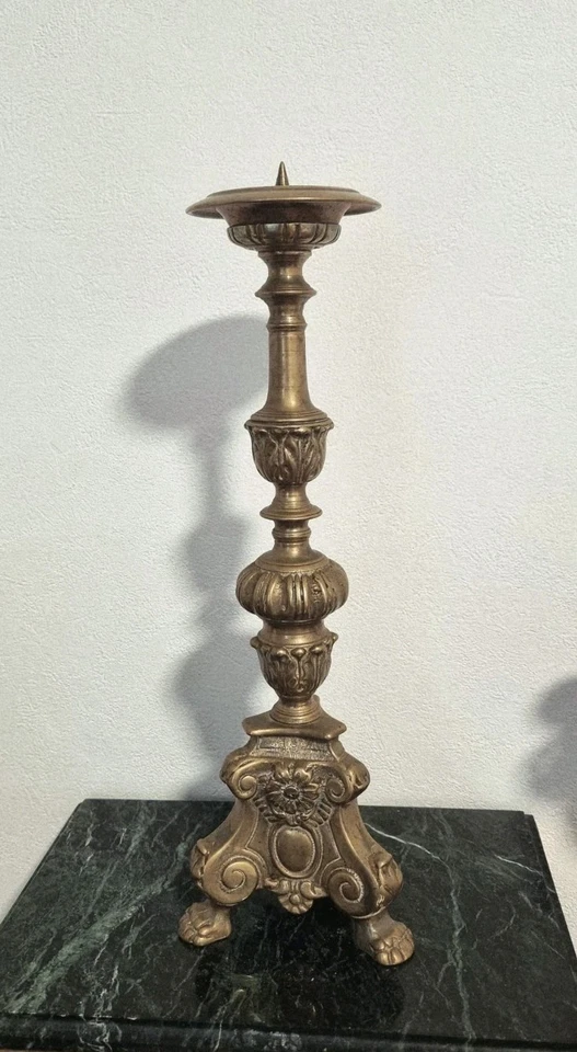 Ancien Pique Cierge en  bronze Église , Autel XIX  Bougeoir , baroque tripode  - Photo 4/4
