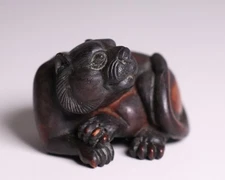 Japanese Wood Carving Tiger Motif Netsuke 1.7inch Core Resin Coated Inro Ojime