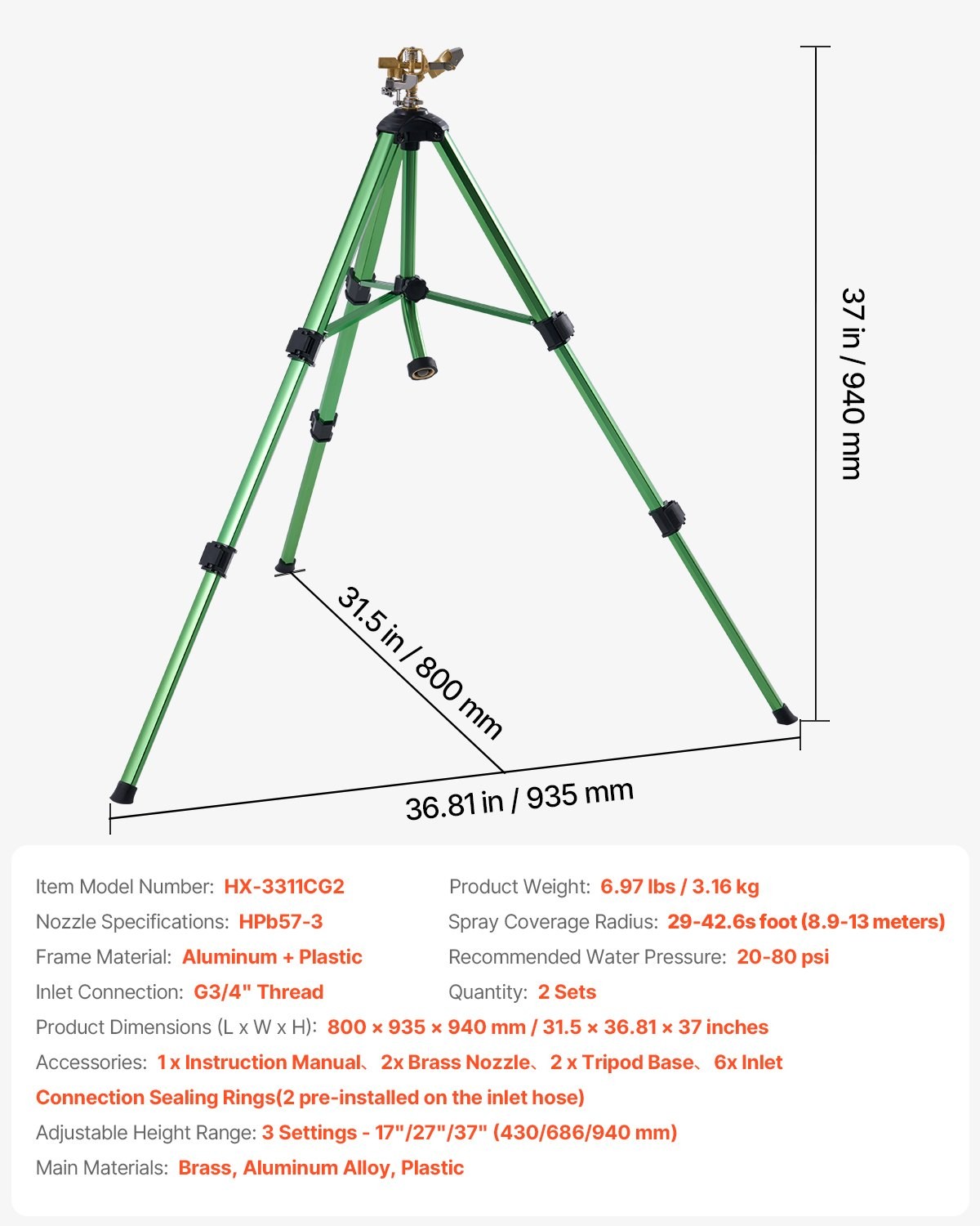 VEVOR Impact Sprinkler on Tripod Base, Heavy Duty Tripod Sprinklers with Brass H
