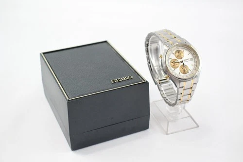 Vintage Seiko Chronograph Alarm Two Tone Quartz Watch Ref 7T32-7C60 Working