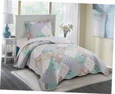 Blue Green Rose Patchwork Quilt Set, Twin Size Quilt Set Twin Blue Green
