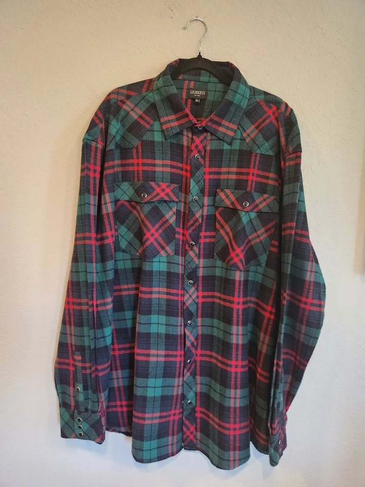 Camisa de franela Gioberti 3XL occidental con botones a presión roja verde a cuadros 100 % algodón para hombre Foto 2 de 4