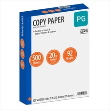 Copy Paper, 8.5" x 11", 92 Bright, White, 20 lb., 1 Ream (500 Sheets)