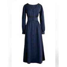 J Crew Satin Navy Long Sleeve Aline Midi Dress Button Down size 6