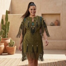 Women’s Olive Green Suede Fringe Mini-Dress | Boho Cowgirl Beaded Maxi | Western