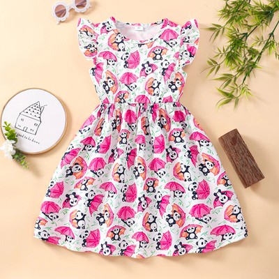 2024 Kids Girls Dress Summer Short Sleeve Panda Printing Fashion Casual Cute Chi