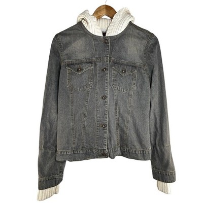 Gloria Gray Denim Jacket Size M Knit Hood Layered Look Button Front Y2K Revival