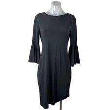 Calvin Klein Black Bell Sleeve Round Neck Stretch Cocktail Mini Sheath Dress L