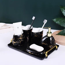 Black Bathroom Accessories Set,Gold Marble Look Bathroom Decor,Modern 6 Piece Ba