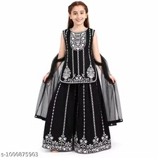 Embroidered Sharara Suit Set with Net Dupatta Kids Ethnic Wear Sleeveless KurtI
