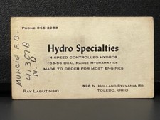 VRHTF VTG RARE BUSINESS CARD OF HYDRO SPECIALTIES CUSTOM HYDRO TRANSMISSIONS