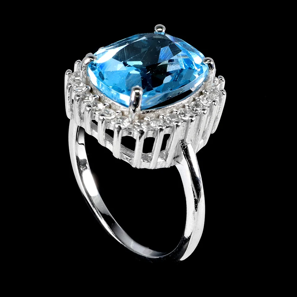 925 Anello Argento Sterling Antico Topazio 12x10mm Zircone Gemma Gioielli Misura - Immagine 2 di 4