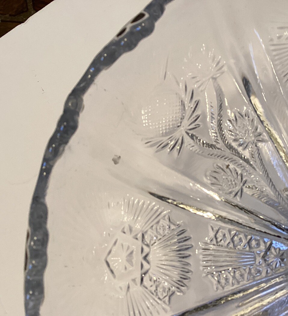 Vintage Cut Glass Pedestal Bowl / Candy Dish Sawtooth Scalloped Edge