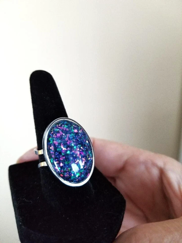 Opal Ring: Purple Fire Resin Opal in 18K GP or Silver-Color Stainless-Steel Band - Image 4 of 4