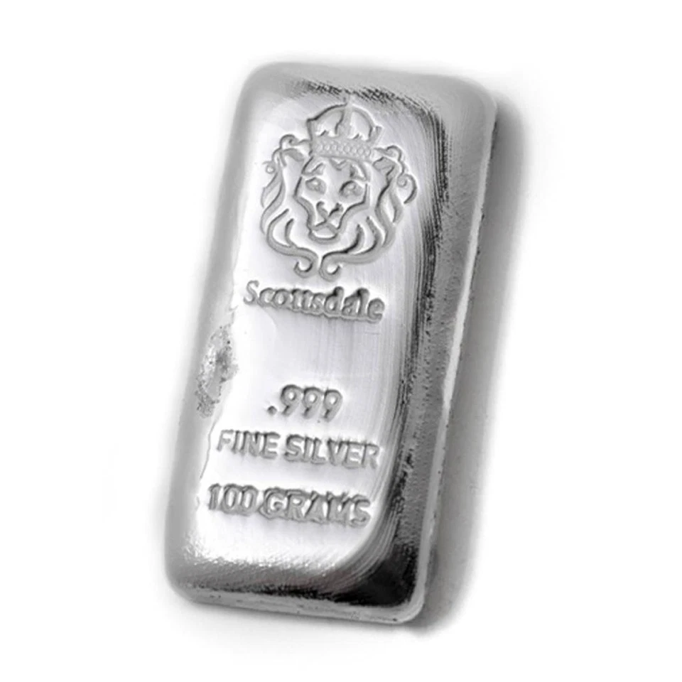 Lingotes de plata fundida de 100 gramos de Scottsdale Mint .999 - 100 g #A130