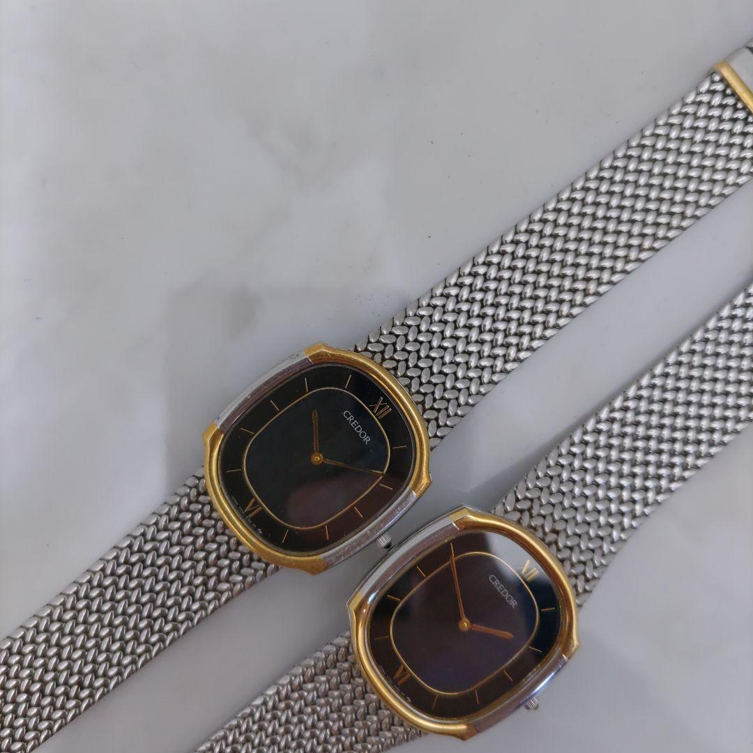 SEIKO Credor 18K Gold Bezel Quartz Pair Watch Blue Agate Dial Rare
