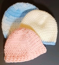 Crocheted Baby Beanies Handmade Blue Ivory Peach Knit Lot Of 3 Free Shipping
