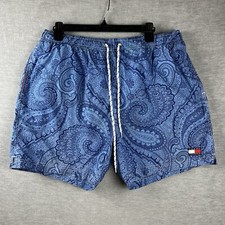 VINTAGE Tommy Hilfiger Swim Shorts Mens Large Blue Paisley Trunks Flag Logo