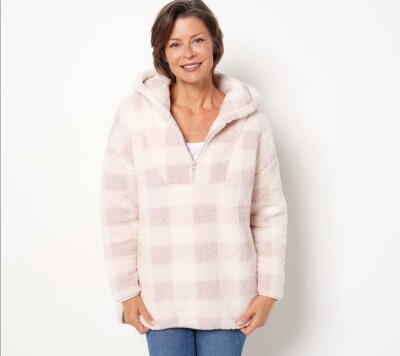 Sweater HI-LOW Hooded Plaid Sherpa Warm Pink Ivory