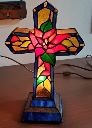 Tiffany Style Stained Slag Glass CROSS w/ Flowers 14” h x 9” w Accent Table Lamp