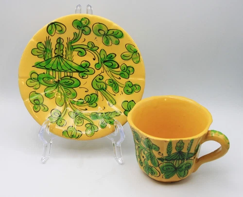Rare Vintage Italian Pottery Hand Painted Green and Gold Cup & Saucer