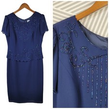 R M Richards Evening Dress size 8 Mother Bride Groom Navy Blue Beaded Midi