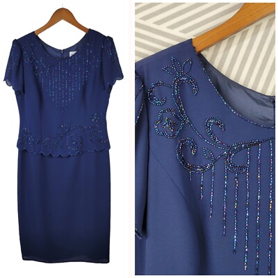 R&M Richards Evening Dress size 8 Mother Bride Groom Navy Blue Beaded Midi