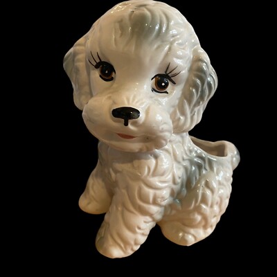 Vintage Inarco Pudel Hund weiß Übertopf Blumenvase Keramik handbemalt Japan