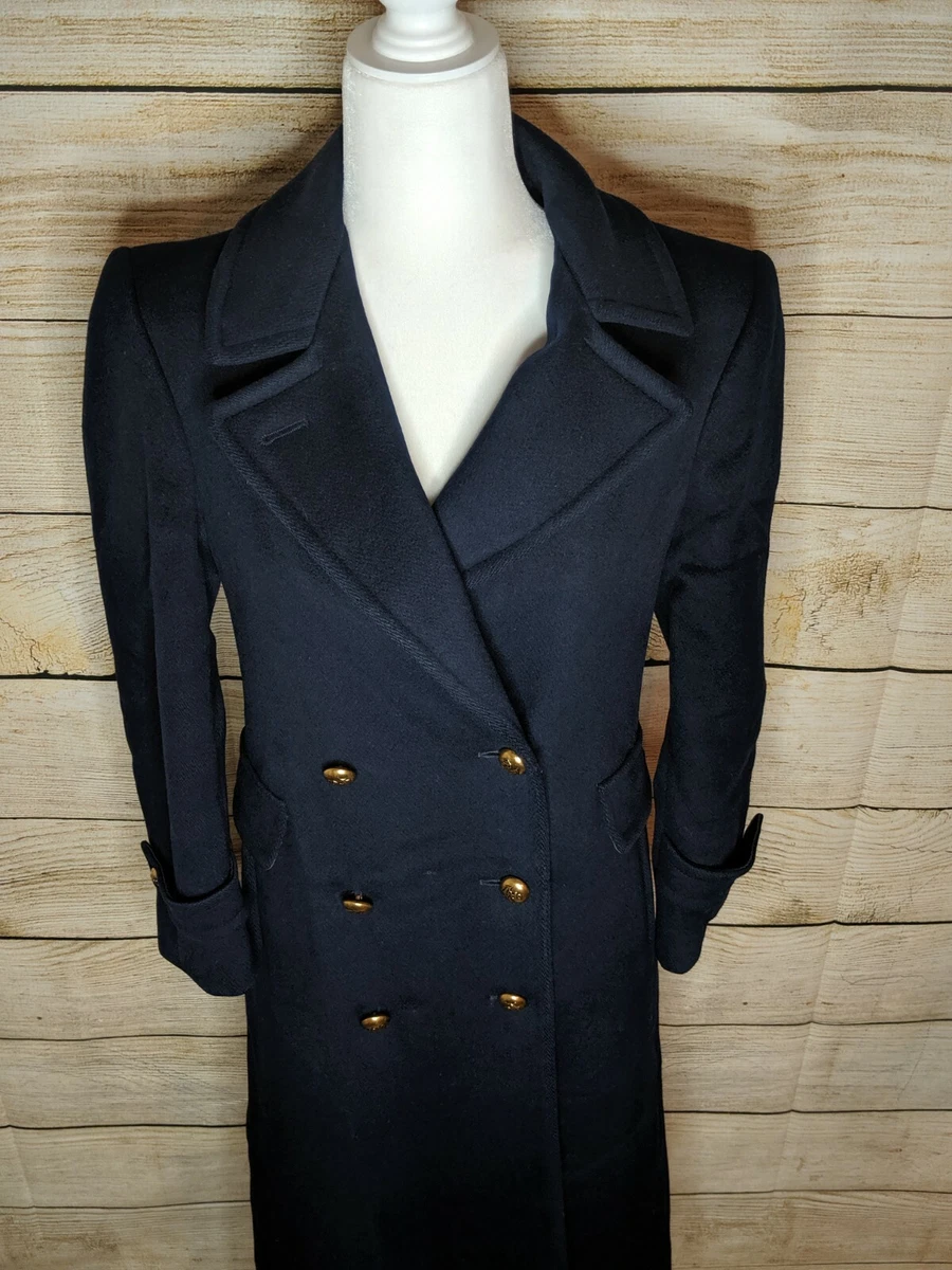 Vintage Evan Picone Trench Coat Navy Blue 100 Pure Wool Long