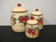 (3) Tabletops Unlimited Harlequin Fruit Ceramic Canisters w/ Lids