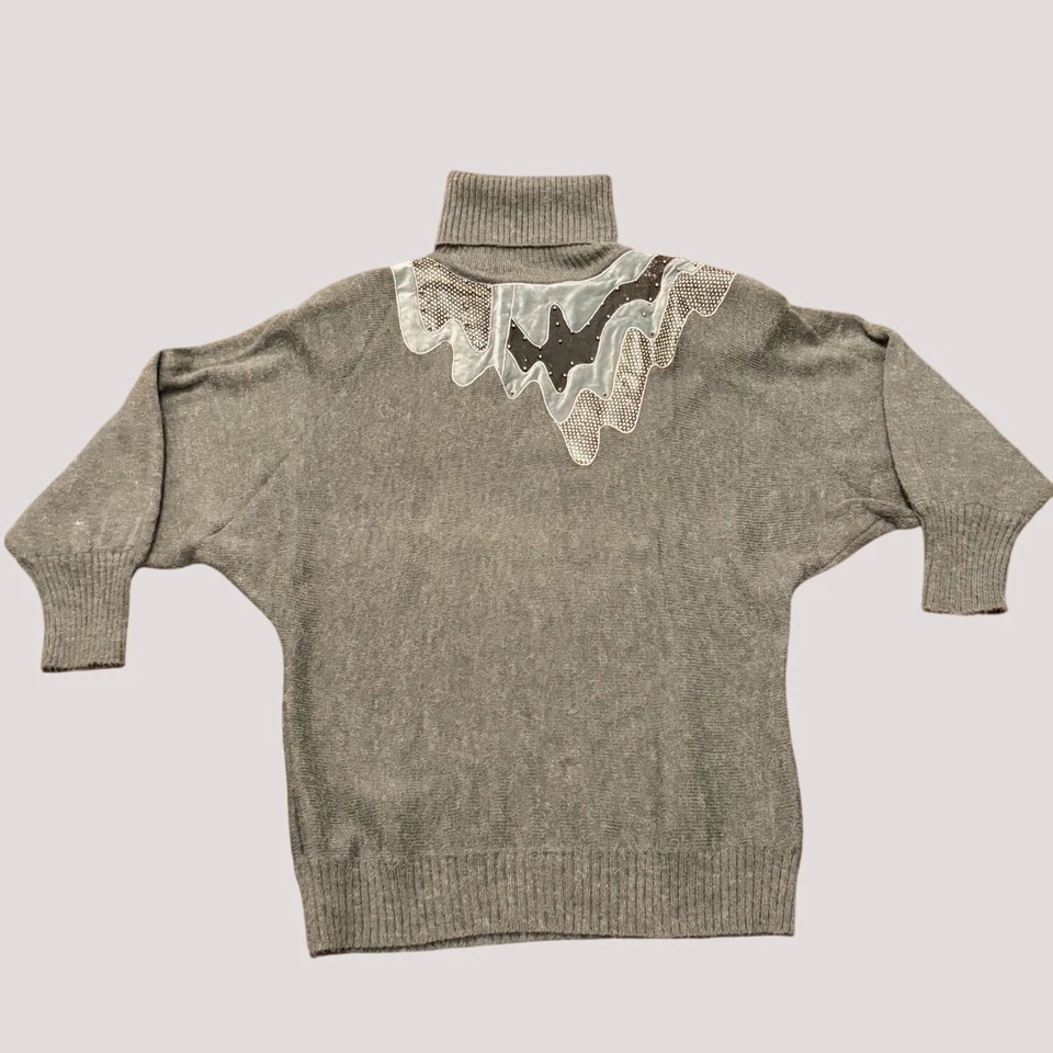 Vestido Suéter Vintage Años 80 Abstracto De Gran Tamaño Almohadillas para los Hombros Grandes Cuello Alto Gris Foto 2 de 4