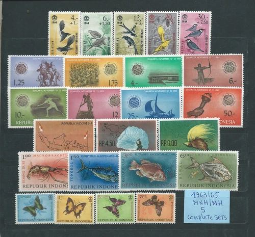 2 ) INDONESIA 1963/65 : ALBUM PAGE WITH 5 COMPLETE SETS MNH/MH STAMPS- THEMATIC