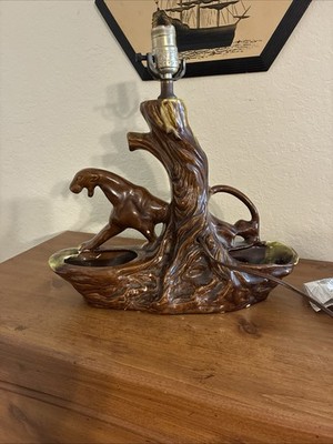  Vintage MCM Mid-Century Modern Brown Ceramic Panther Lamp Planter Eames Era 
