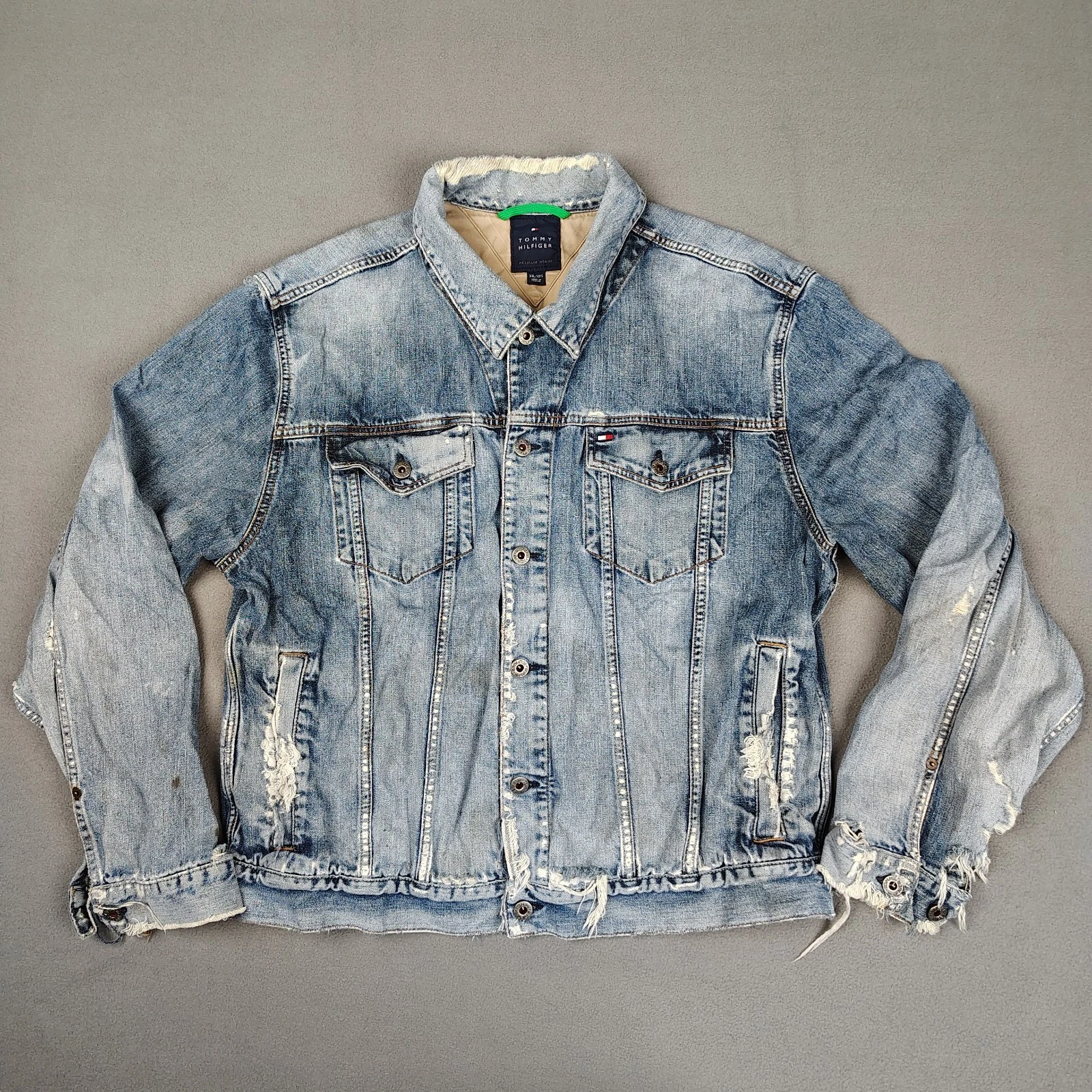 Y2K Tommy Hilfiger Denim Jacket 2XL (*Fits XL) THRASHED Trucker Grunge Flag Logo